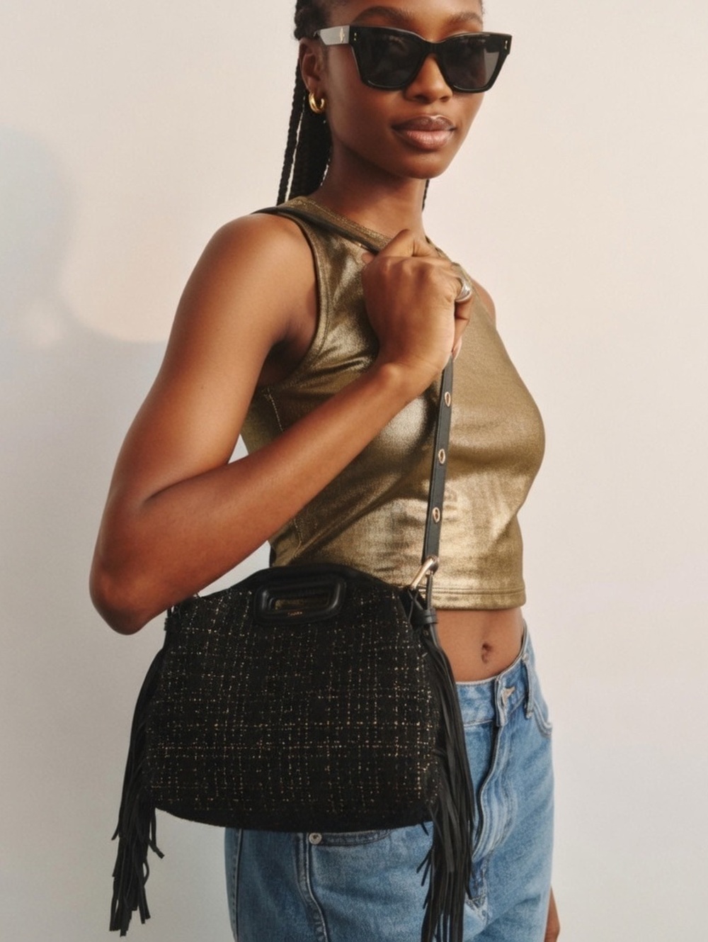 NWT MAJE Paris Metallic Gold Tweed Crossbody Shoulder Bag Purse Leather Tassel